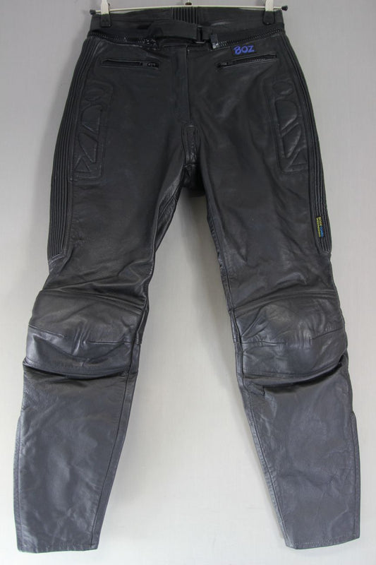 BOZ BLACK LEATHER BIKER TROUSERS: SIZE 14 WAIST 30 INCHES/INSIDE LEG 29 INCHES