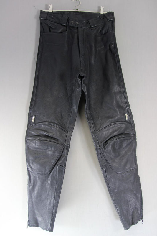 BIKO CLASSIC BLACK LEATHER BIKER JEANS: WAIST 32 INCHES/INSIDE LEG 32 INCHES