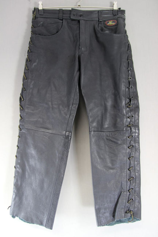 KJ BIKER'S WEAR BLACK LEATHER JEANS WITH SIDE LACES WAIST 34 IN/INSIDE LEG 27 IN