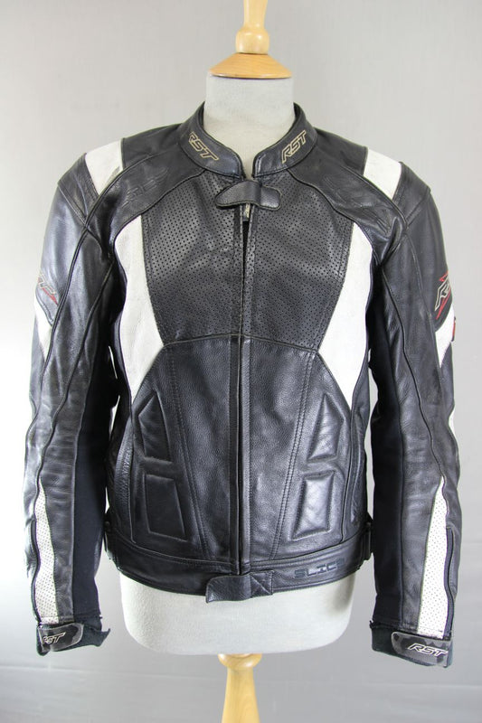 RST SLICE BLACK & WHITE LEATHER BIKER JACKET WITH CONTOUR PLUS CE ARMOUR 38 INCH