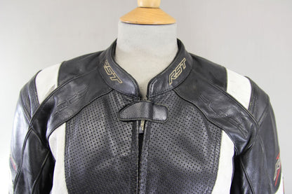 RST SLICE BLACK & WHITE LEATHER BIKER JACKET WITH CONTOUR PLUS CE ARMOUR 38 INCH