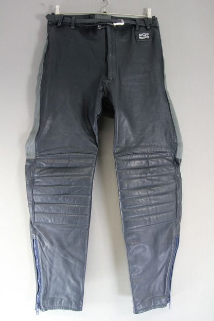 VINTAGE MQP DARK GREY & LIGHT GREY LEATHER BIKER TROUSERS: WAIST 34 IN/LEG 31 IN