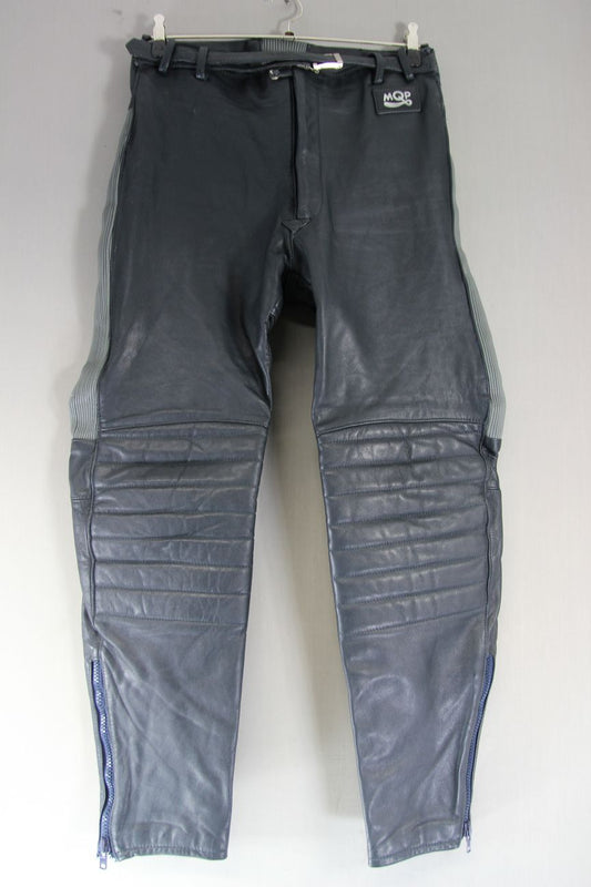 VINTAGE MQP DARK GREY & LIGHT GREY LEATHER BIKER TROUSERS: WAIST 34 IN/LEG 31 IN