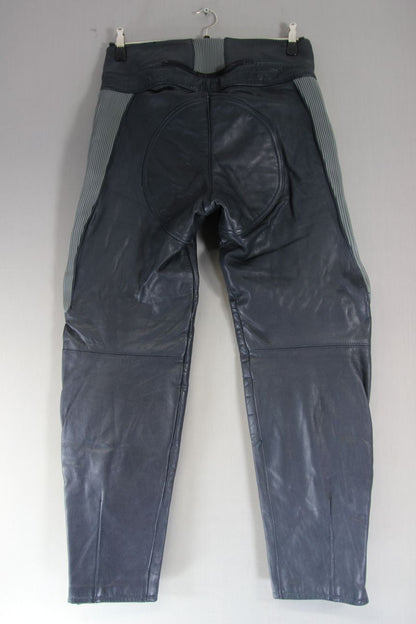 VINTAGE MQP DARK GREY & LIGHT GREY LEATHER BIKER TROUSERS: WAIST 34 IN/LEG 31 IN