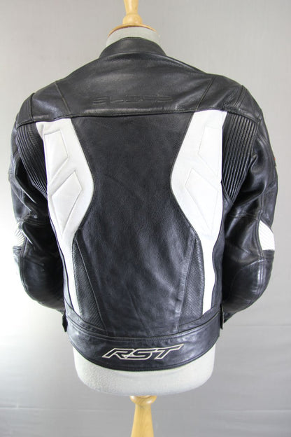 RST SLICE BLACK & WHITE LEATHER BIKER JACKET WITH CONTOUR PLUS CE ARMOUR 38 INCH