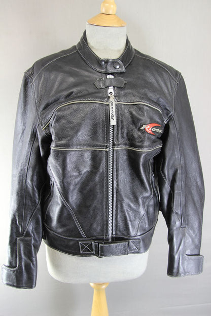 RIOSSI CLASSIC BLACK COWHIDE LEATHER BIKER JACKET: SIZE 14