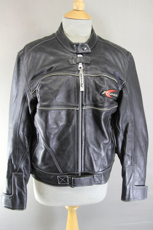 RIOSSI CLASSIC BLACK COWHIDE LEATHER BIKER JACKET: SIZE 14