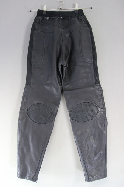 RICHA BLACK LEATHER BIKER TROUSERS: SIZE 10 WAIST 26 INCHES/INSIDE LEG 27 INCHES