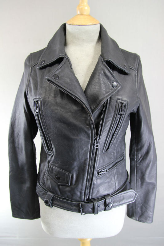 AVIATRIX VINTAGE 1970'S STYLE PUNK ROCK BLACK LEATHER RETRO BIKER JACKET SIZE 10
