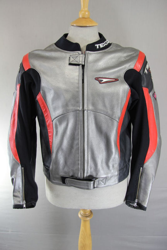TEKNIC SILVER, BLACK & RED LEATHER BIKER JACKET WITH KNOX CE ARMOUR 40-42 INCH