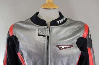 TEKNIC SILVER, BLACK & RED LEATHER BIKER JACKET WITH KNOX CE ARMOUR 40-42 INCH