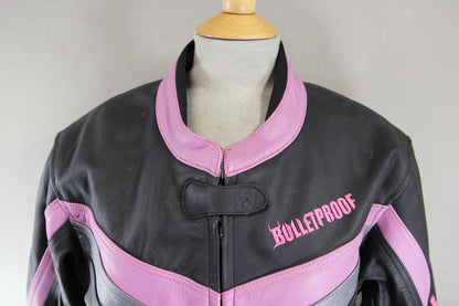 BULLETPROOF BLACK/PINK/SILVER LEATHER BIKER JCKT + ARMOUR/THERMAL LINING SIZE 18