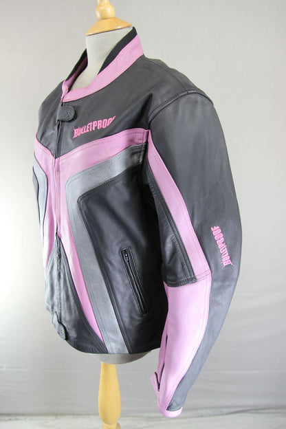 BULLETPROOF BLACK/PINK/SILVER LEATHER BIKER JCKT + ARMOUR/THERMAL LINING SIZE 18