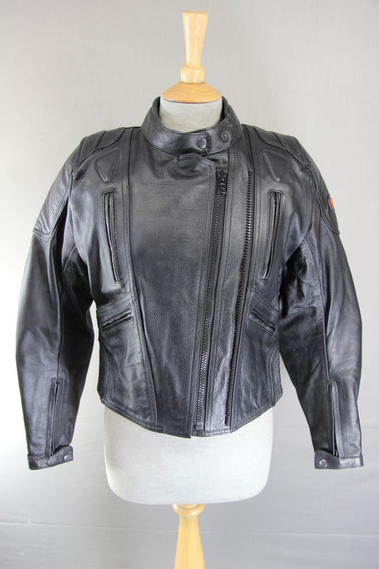 DYNAMIC LEATHER BLACK COWHIDE BIKER JACKET + CE ARMOUR & THERMAL LINING: SIZE 12