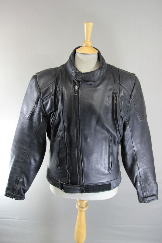 J&S CLASSIC BLACK LEATHER ALL WEATHER BIKER JACKET WITH THERMAL LINING 42 IN