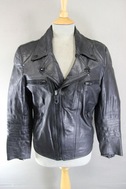 VINTAGE 1970's PUNK ROCK CLASSIC BLACK LEATHER BIKER JACKET 38 INCH