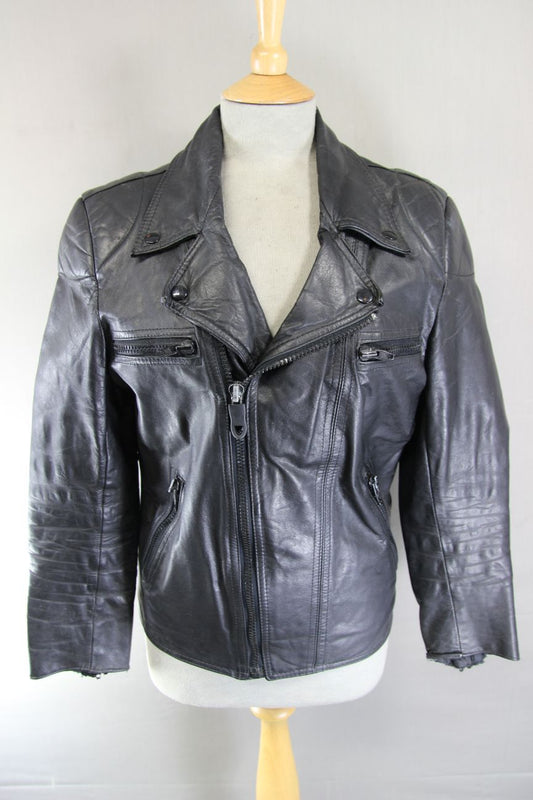 VINTAGE 1970's PUNK ROCK CLASSIC BLACK LEATHER BIKER JACKET 38 INCH