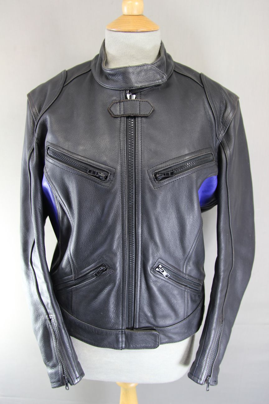 RIDER BLACK & BLUE LEATHER BIKER JACKET SIZE 12