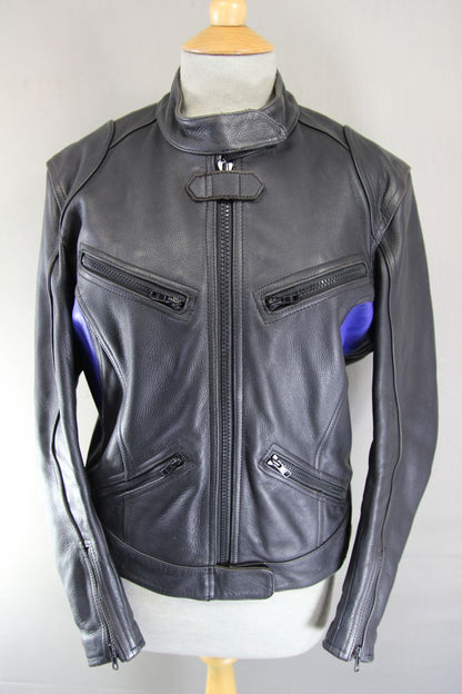 RIDER BLACK & BLUE LEATHER BIKER JACKET SIZE 12