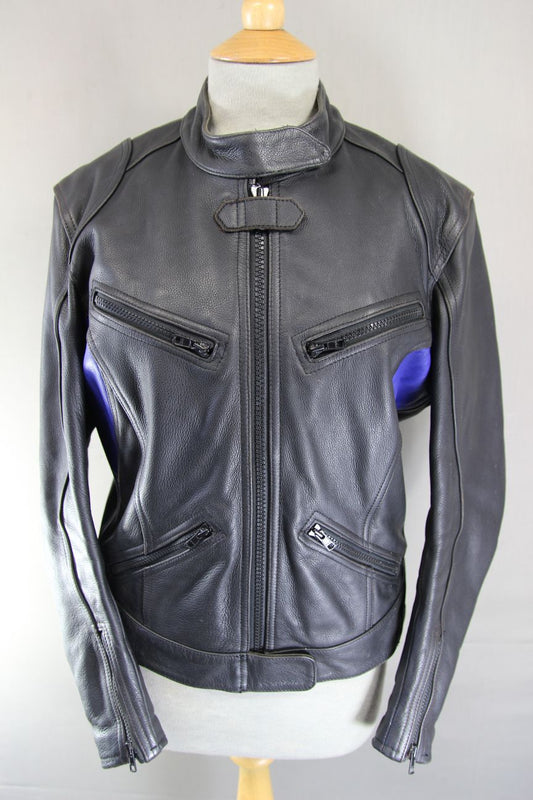 RIDER BLACK & BLUE LEATHER BIKER JACKET SIZE 12