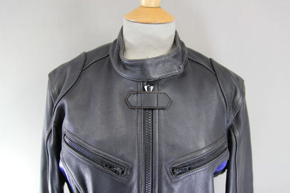 RIDER BLACK & BLUE LEATHER BIKER JACKET SIZE 12