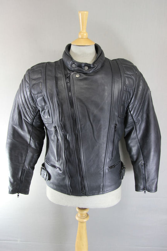 CLASSIC BEST BLACK LEATHER BIKER JACKET + BACK, SHOULDER & ELBOW PROTECTORS 40IN