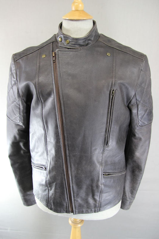 MISSION DARK BROWN DISTRESSED/PRE WORN LEATHER BIKER JACKET 40 INCH CHEST/MEDIUM