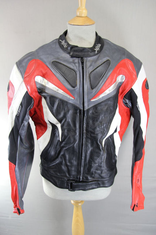 BUFFALO BLACK, RED, SILVER & WHITE LEATHER BIKER JACKET WITH CE ARMOUR 42 INCH