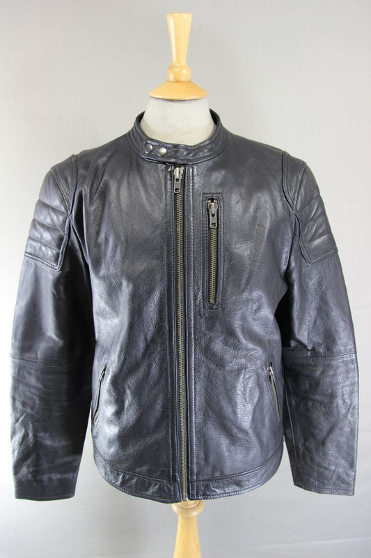 LABEL LAB LONDON RETRO BLACK COWHIDE LEATHER COTTON LINED BIKER JACKET 40-42 IN