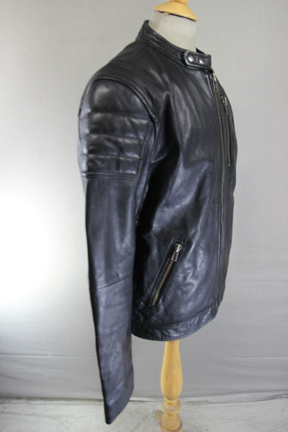 LABEL LAB LONDON RETRO BLACK COWHIDE LEATHER COTTON LINED BIKER JACKET 40-42 IN
