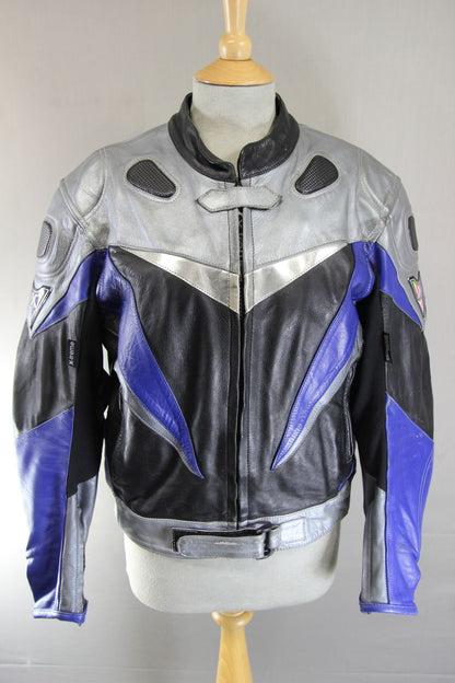 X-TREME BLACK, SILVER & BLUE LEATHER BIKER JACKET + ARMOUR/THERMAL LINING SIZE16