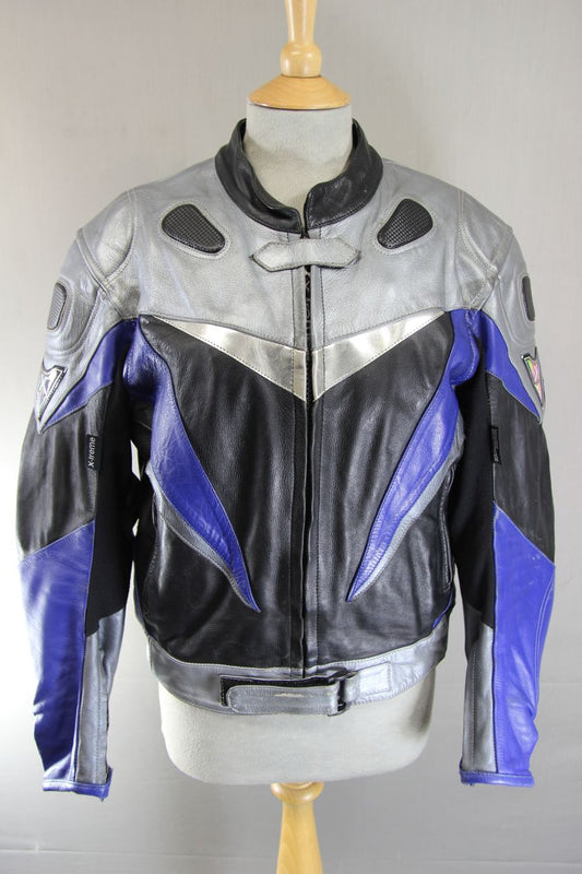 X-TREME BLACK, SILVER & BLUE LEATHER BIKER JACKET + ARMOUR/THERMAL LINING SIZE16