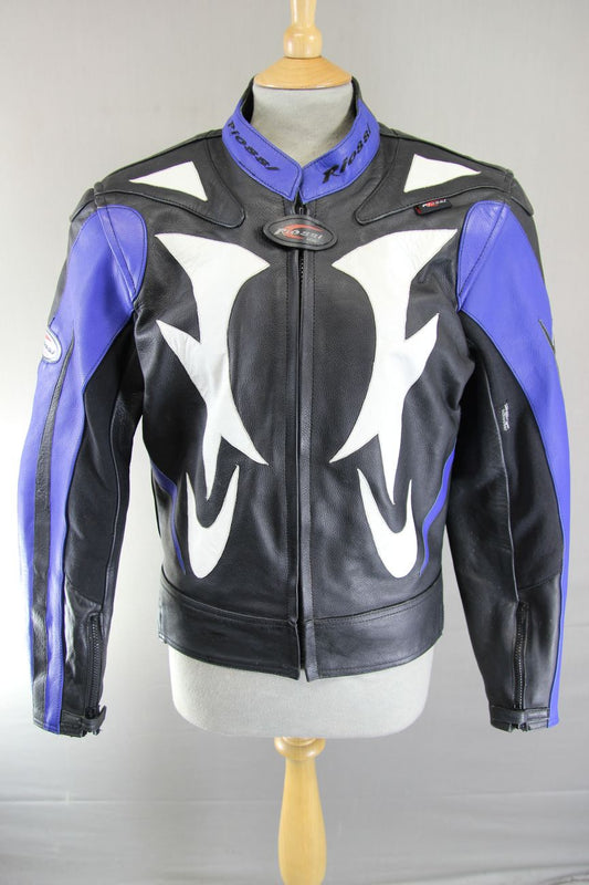 RIOSSI RACING BLACK, WHITE & BLUE COWHIDE LEATHER BIKER JACKET + CE ARMOUR 40 IN