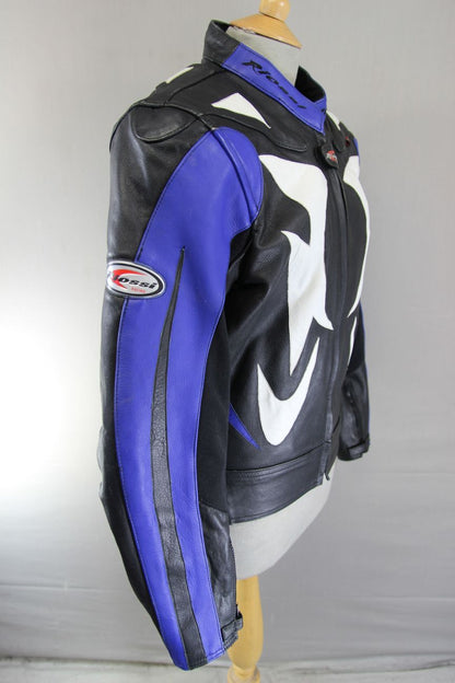 RIOSSI RACING BLACK, WHITE & BLUE COWHIDE LEATHER BIKER JACKET + CE ARMOUR 40 IN