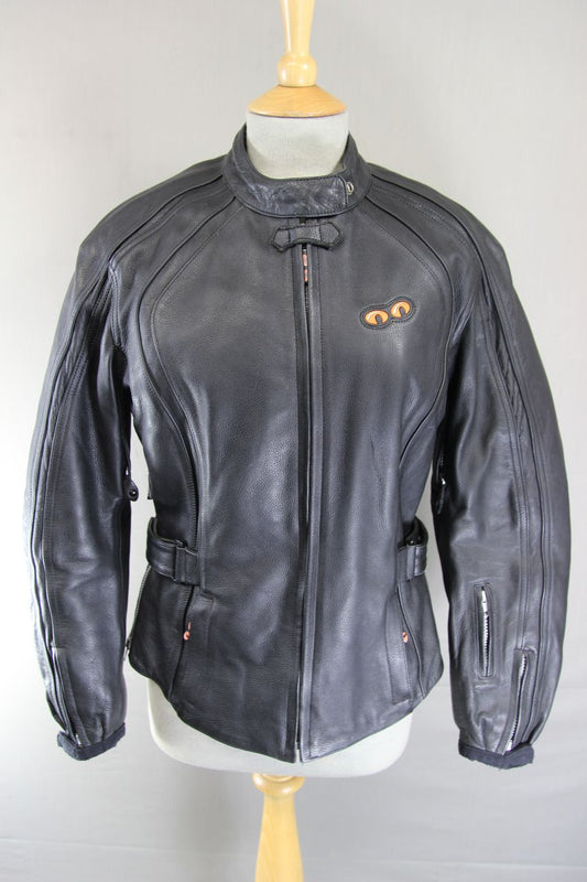SPOOL BLACK LEATHER BIKER JACKET WITH CE ARMOUR & QUILTED THERMAL LINING SIZE 12