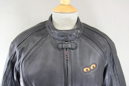 SPOOL BLACK LEATHER BIKER JACKET WITH CE ARMOUR & QUILTED THERMAL LINING SIZE 12