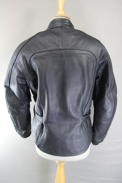 SPOOL BLACK LEATHER BIKER JACKET WITH CE ARMOUR & QUILTED THERMAL LINING SIZE 12