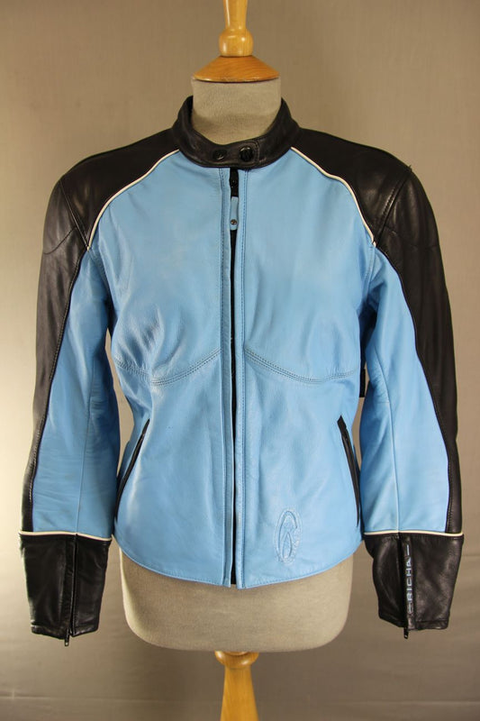 RICHA BLUE & BLACK LEATHER BIKER JACKET + BACK/SHOULDER/ELBOW CE ARMOUR: SIZE 12