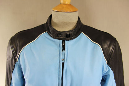 RICHA BLUE & BLACK LEATHER BIKER JACKET + BACK/SHOULDER/ELBOW CE ARMOUR: SIZE 12