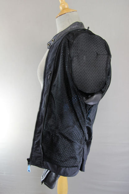 RICHA BLUE & BLACK LEATHER BIKER JACKET + BACK/SHOULDER/ELBOW CE ARMOUR: SIZE 12