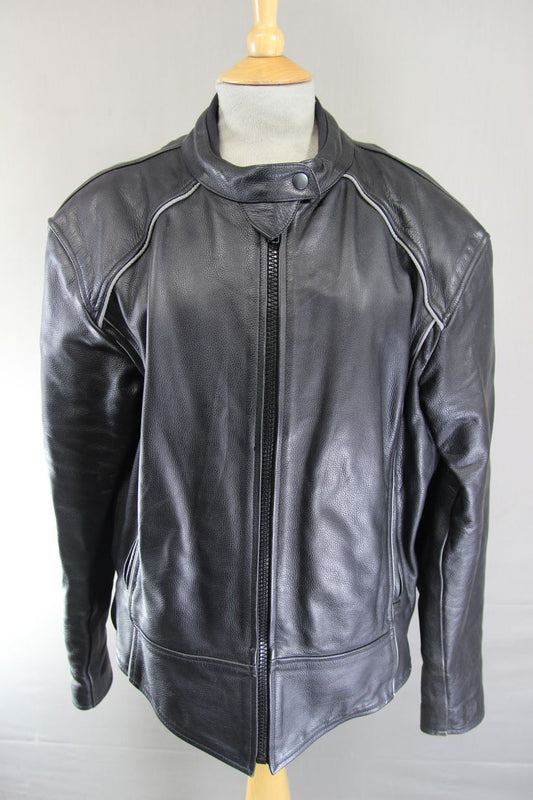 JTS CLASSIC BLACK LEATHER BIKER JACKET WITH CE ARMOUR 44-46 INCH CHEST: SIZE 22