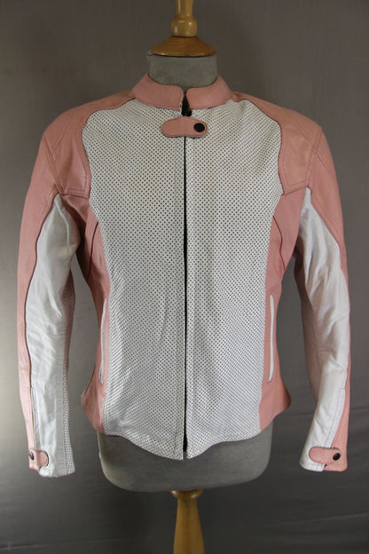 LADIES WHITE & PINK LEATHER BIKER JACKET + CE ARMOUR & THERMAL LINING 38-40 IN/L