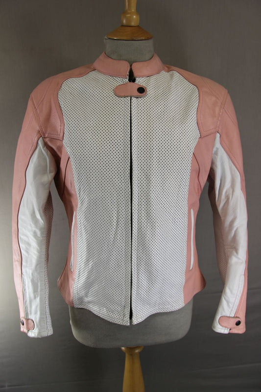 LADIES WHITE & PINK LEATHER BIKER JACKET + CE ARMOUR & THERMAL LINING 38-40 IN/L