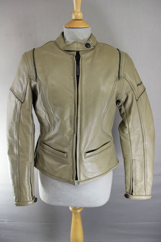 FRANK THOMAS FTL 222 LADY RIDER KHAKI LEATHER BIKER JACKET WITH CE ARMOUR SIZE12