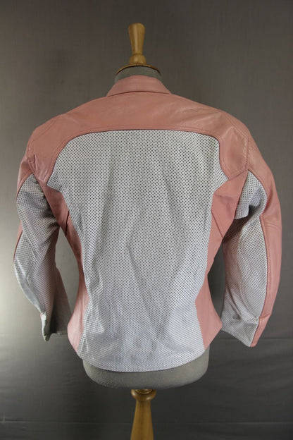 LADIES WHITE & PINK LEATHER BIKER JACKET + CE ARMOUR & THERMAL LINING 38-40 IN/L