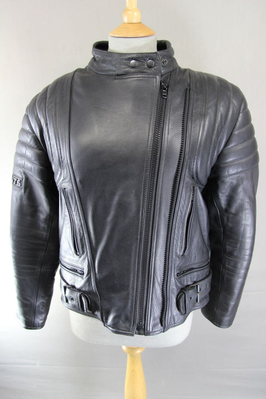 JTS BLACK LEATHER BIKER JACKET WITH REMOVABLE PROTECTORS 38-40 INCH/WOMEN'S XL