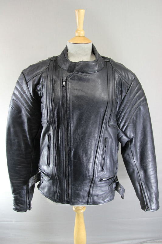 CLASSIC EURO STYLE BLACK LEATHER BIKER JACKET WITH BACK PROTECTOR 40-42 INCH