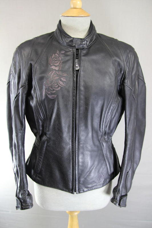RICHA 'LENA' BLACK LEATHER BIKER JACKET WITH CE ARMOUR & THERMAL LINING: SIZE 12