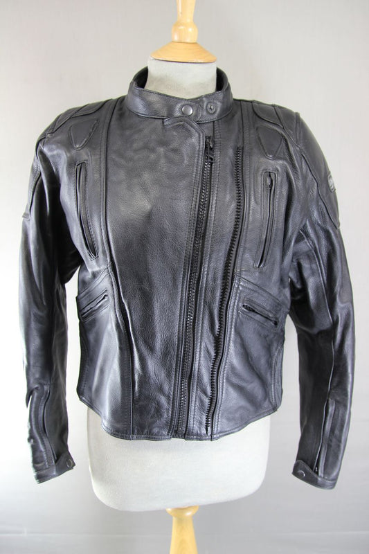 DYNAMIC LEATHERS BLACK BIKER JACKET WITH REMOVABLE ARMASPORT+ CE ARMOUR: SIZE 14