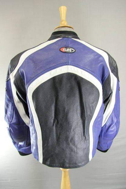 BLACK, BLUE & WHITE FLINT RACING LEATHER BIKER JACKET WITH CE ARMOUR 44 INCH